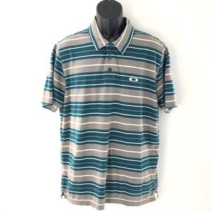Oakley Mens Shirt Polo Golf Gray Green Stripes Short Sleeve Logo Sz L